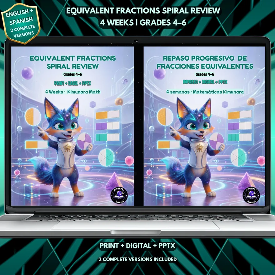Portada de Fracciones equivalentes · inglés + español